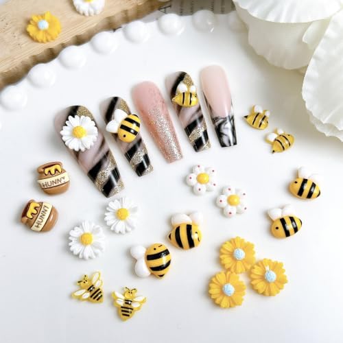 150Pcs Cartoon Bee Nail Charms for Nail Art Cute Flower Nail Charms Five Petal Bee Honey Jar Resin Nail Art Charms Sunflower Bees-Themed Nail Accessories Daisy Nail Supplies for Women Acrylic Nails - color: yellow