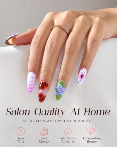 Buleens 100% Handmade Acrylic Press On Nails Medium Almond 10PCS Size S - color: Colorful Flower, size: S