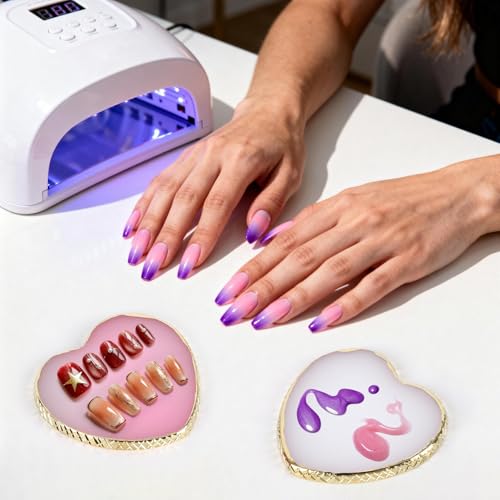 4 Pack Nail Art Palette, Resin Polish Color Design Makeup Mixing Plate, Heart Shape Mini Paint Palette for Nails - White, Pink