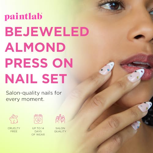 PaintLab Bejeweled 3D Gem French Tip Press On Nails, Medium Almond, 30pc - color: Bejeweled