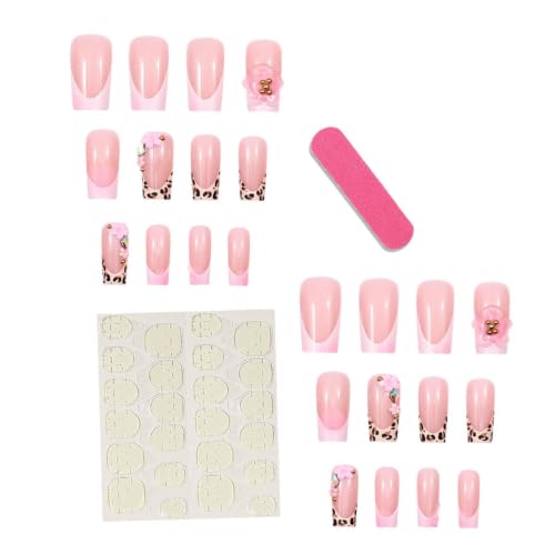 French Tip Press on Nails Medium Square Leopard 3D Flower Fake Nails 24Pcs - color: Style 25