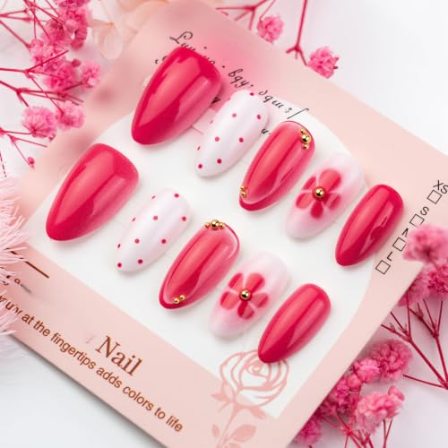 30Pcs Pink Flower Press On Nails Medium Almond Fake Nails with Polka Dots - color: BD-Pink-6