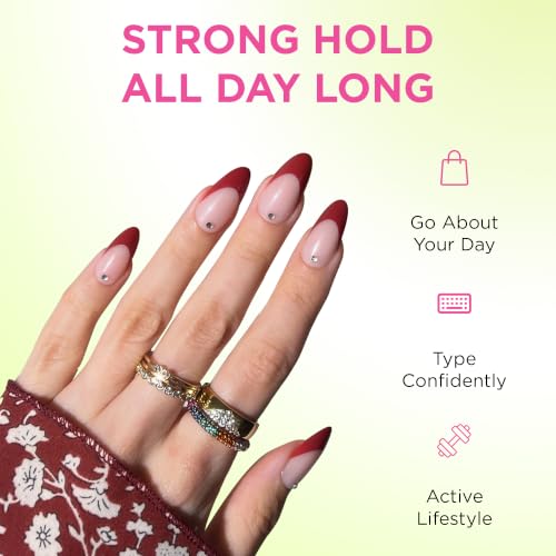 PaintLab 3D Gem Red French Tip Press On Nails, Medium Almond, 30pc Nail Kit - color: Pinot Noir