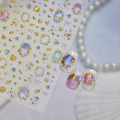 1 Sheet Summer Nail Stickers 5D Gold Shell Starfish Nail Decals Shiny Marine Life Nail Art Stickers Ocean Theme Nails Design Sea Nail Accessories Beach Nail Supplies for Women Manicure Decoration DIY - color: Gold Shell Starfish