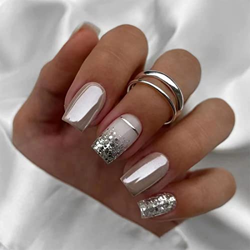 CurvLife Medium Square Chrome Press On Nails, Silver Mirror, Soft Gel - color: Silver Glitter