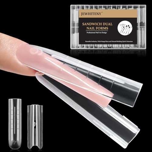 JEWHITENY 140 PCS Sandwich Nails Dual Forms:Long Square Reusable Nail Forms with Guide Lines,14 Sizes Nail Mold for Nails Extension,Salon & Home DIY Nail Art Tools - color: Long Square-SMZ-03