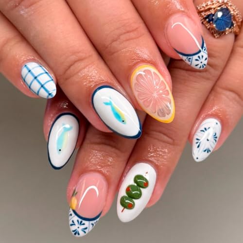 Summer Nails Press ons - Short Almond, Blue Tile, Fish, Lemon - color: Color-13