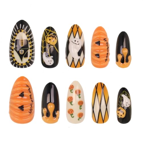 30Pcs Halloween Press on Nails Medium Almond Cute Fake Nails with 3D Ghost Pumpkin Castle Designs False Nails Kit Halloween Acrylic Nail Orange Blood Drop French Full Cover Stick on Nails for Women - color: pumpkin