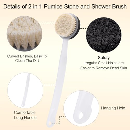 Pumice Stone Brush for Feet with 13.7" Long Handle, 2-in-1 Shower Foot Scrubber Callus Remover Pedicure Tool, Dead Skin Remover, Back Scrubber Body Brush for Shower Deep Cleansing Clear White - color: Clear White, Black Pumice Brush