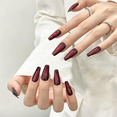 Cat Eyes Press On Nails,12 Sizes - 24 Pcs Soft Gel Dark Purple Red Medium Coffin Fake Nails Kit with Nail Glue, Natural Reusable Stick On False Nails for Women and Girls (Skycloud Nails) SK0822 - color: 822-Dark Purple Red