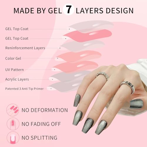 Black Cat Eyes Press On Nails,12 Sizes-24 Pcs Soft Gel Black Medium Coffin Fake Nails Kit, Natural Reusable Stick On False Nails for Women and Girls SK0861 - color: SK0861-Black1