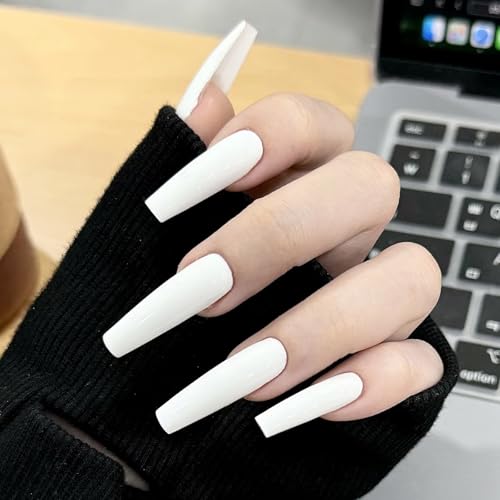 MISUD Press on Nails - Long Coffin Fake Nails with Milky White, Acrylic Matte Solid Color Design 24 pcs - color: 019A05-13White