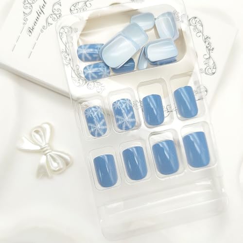 Winter Press on Nails Short Square Fake Nails Snowflake Blue Designs 24Pcs - color: 27