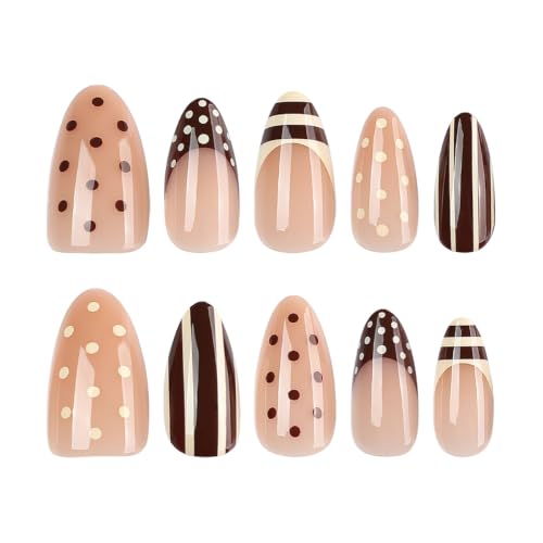 Polka Dot French Tip Press on Nails Medium Almond Brown Stripe Fake Nails - color: style-02