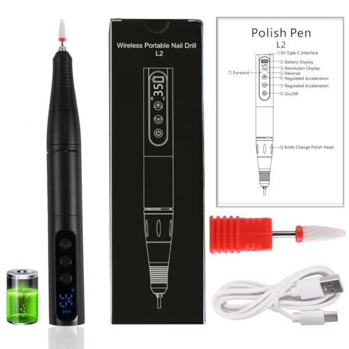 Wireless 35000RPM Nail Drill Pen USB Nail File Polishing Pen Rechargeable Nail Drill Machine Portable Manicure Drill Salon Tool (Black) - color: Black