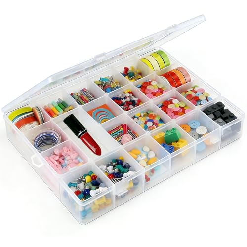 24 Grids Plastic Organizer Box with Removable Dividers Clear Multi Compartment Storage Container Small Crafts Organizer Box for Beads Jewelry Tackles Nail Charm Button Sticker (2Pcs)