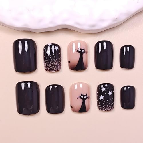 Halloween Press on Nails with Dark Night Moon Stars Design Short Square False Nails Cute Cat Fake Nails Silver Glitter Full Cover Acrylic Stick on for Women Nails Manicure Decoration 24Pcs - color: Halloween Style 016