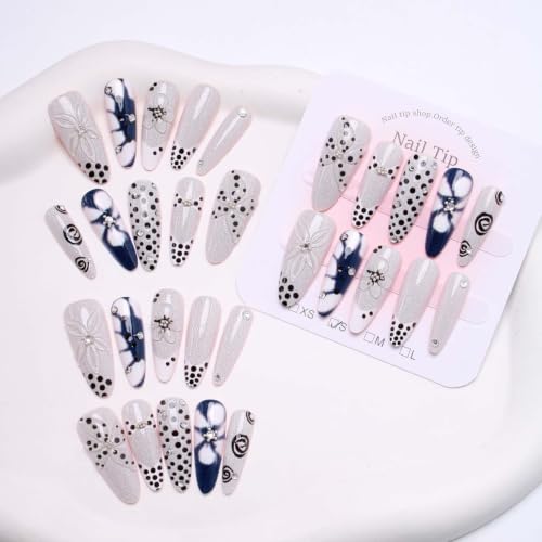 Long Stiletto Press On Nails, 30Pcs Blue White Floral Polka Dot Fake Nails - color: Blue White Floral Nails-15