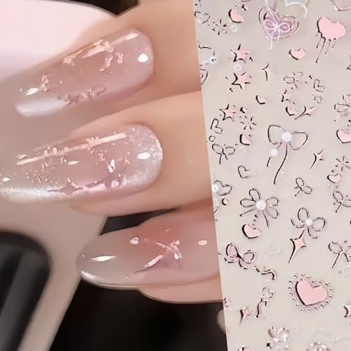 2 Sheets Valentine's Nail Art Stickers 5D Embossed Pink Bow Nail Stickers for Nail Art Romantic Heart Bow Nail Decals Pink Valentine's Designs Nail Supplies Nail Decoration for Women DIY Manicure - style: pink bow
