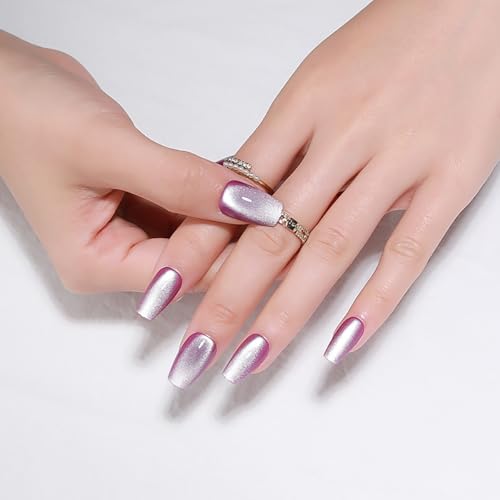 Purple Medium Press On Nails, Cat Eye Coffin Press On Nails, Crystal Glow Design, Ice Glossy Gel Purple Fake Nails, Reusable Acrylic Stick On Nails for Women - color: C0-Moonlit Amethyst