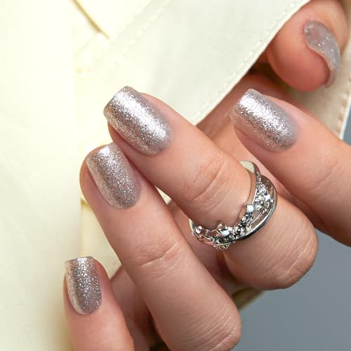 CurvLife Short Square Glitter Press On Nails, Silver Spark, Soft Gel - color: Silver with glitter
