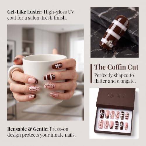 Handmade Press on Nails,Medium Coffin Flower Striped Fake Nails - color: style13