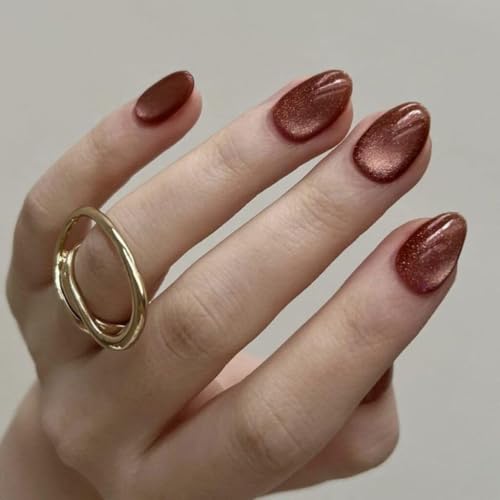 KQueenest Fall Cat Eye Press on Nails Short Oval, 30 Pcs Light Brown Fake Nails Extra Short Almond, Glitter Magnetic Glue on Nails, Reusable Shiny Chrome Stick on Nails for Women Salon Manicure - color: Shimmer Brown