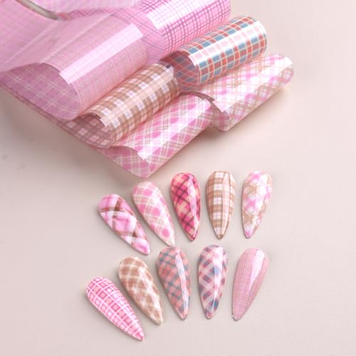 10 Rolls Plaid Nail Art Transfer Foil Pink Plaid Checkered Designs - color: Pink Plaid