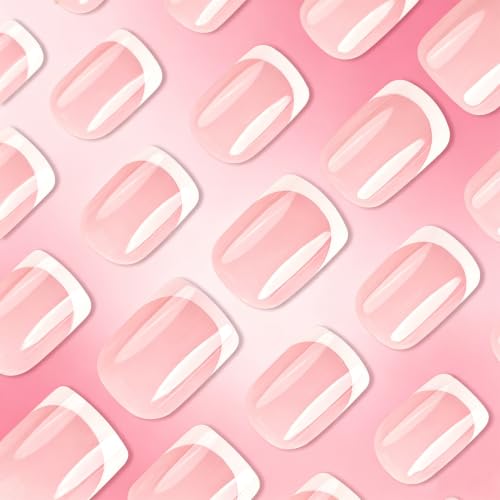 Press on Nails Classic Nude White French Tip Medium Square Fake Nails - color: White French