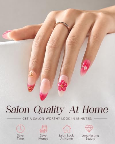 Buleens 100% Handmade Acrylic Press On Nails Medium Almond 10PCS Size S - color: Pink Floral, size: S