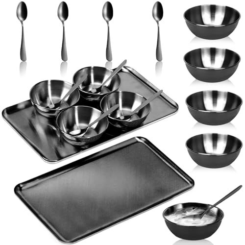 9 PCS Black Esthetician Supplies 4 Black Facial Bowls Esthetician 4 Facial Mixing Spoons Facial Mask Mixing Bowl Large Stainless Steel Skincare Tray Esthetician Spoons for Skin Care Face Mask - color: Black