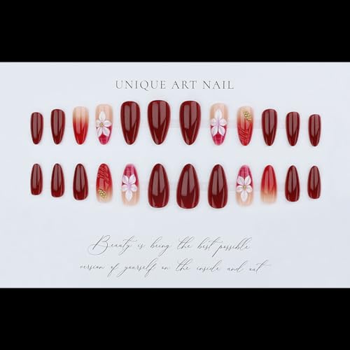Medium Almond Red Press on Nails - 3D White Flowers - color: D-58