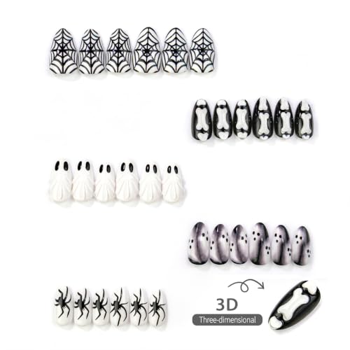 Halloween Press On Nails Short Almond Fake Nails Black White Spider Web Bone Design Spooky Halloween Nails 3D Ghost Acrylic False Nails Reusable Goth Stick On Nails for Women Manicure 30Pcs - color: special Halloween-14