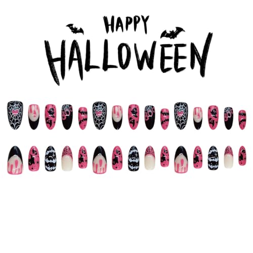 Halloween Press on Nails 30Pcs Pink Black Ghost Bat Spider Web - color: Pink Black Halloween