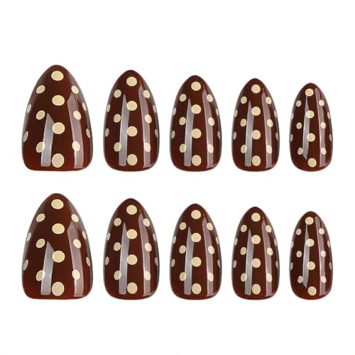 Fall Press on Nails Short Almond Brown Fake Nails Press on with Polka Dot - color: BD-Brown-15