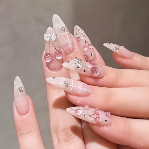 Almond Press On Nails Medium Long Fake Nails Press Ons With 3D Cherry Rhinestone Design Acrylic Nails Silver Bow False Nails Pink Glossy Glue On Nails For Women - color: Design-10