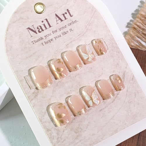 Short Square Press on Nails Gold Fake Nails Butterfly False Nails with Design Glossy Short Nail Press ons Full Cover Acrylic Nails for Women 24Pcs - color: style 35