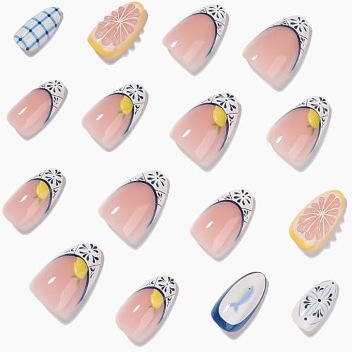 Summer Nails Press ons - Short Almond, Blue Tile, Fish, Lemon - color: Color-13