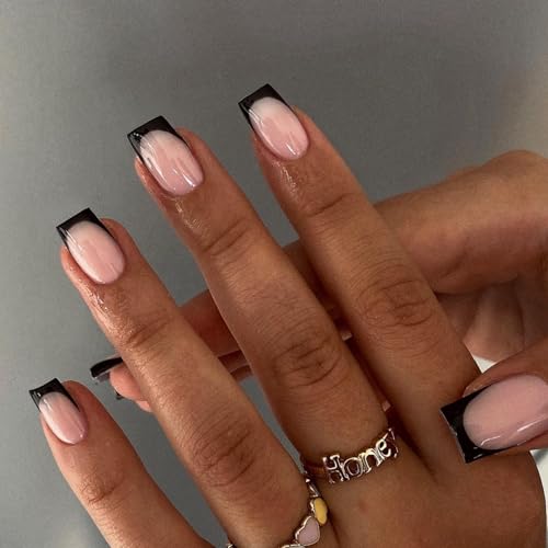 30Pcs Black French Tip Press on Nails Short Square Nails Press ons, Short Fake Nails Coffin Acrylic French Glue on Nail False for Women, Natural15 Sizes - color: square black