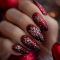 24 Pcs Christmas Red Press On Nails Medium Almond Fake Nails Red Glitter Gradient False Nails Winter Holiday Glue on Nails Sequin Full Cover Glossy Stick on Nails for Acrylic Xmas Manicure Decoration