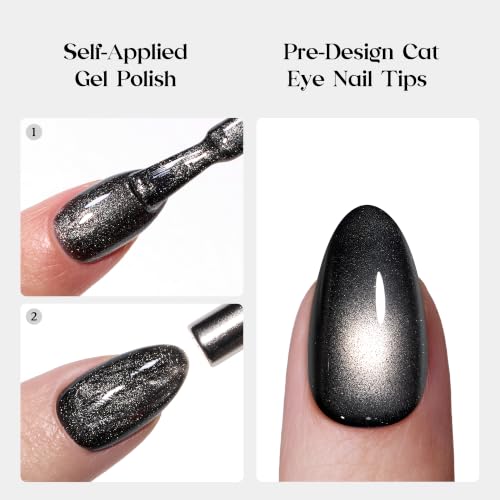 Beetles Black Cat Eye Press On Nails 96 Pcs, Matte Short Almond, 16 Sizes - color: 0 - Black CatEye - S