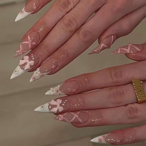 RUOKEXIN Long Almond Press on Nails French Tip Fake Nails Pink False Nails with 3D Bow Flower Designs Stiletto Nail Press ons Sparkly Artificial Nails for Women 24Pcs - color: Almond Style 11-14