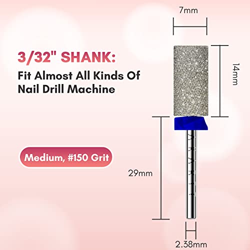 Makartt Nail Drill Bits - Large Barrel Carbide Diamond Sanding Bit for Nails Prep Shaping, Upgrade Drill Tips with Cross Teeth and Dust-Proof Ring for Manicure Salon Cuticle Remove, M #150 Grit - size: Diamond Barrel Bit-M