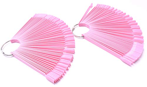 2 Sets 100 Tips Fan Shape Plastic Nail Art Tips Display Polish Board Display Practice Sticks with Metal Split Ring Holder (Pink) - color: Pink