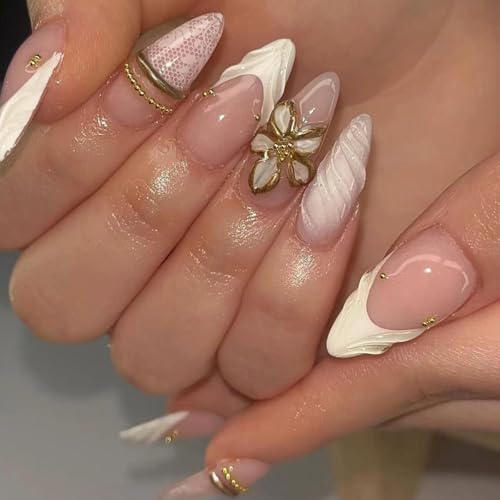 Medium Almond Press on Nails - White French Tip, 3D Gold Floral - color: D-56