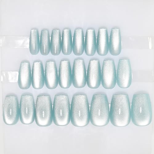 Light Blue Press On Nails Medium, Cat Eye Coffin Press On Nails with Crystal Glow Design, Fashion Gel Fake Nails, Reusable Coffin Fake Nails, Stick On Nails for Women, Crystal Frost - color: C5-Crystal Frost