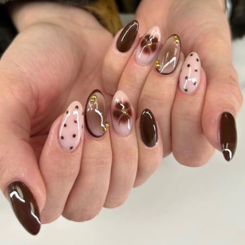 Fall Press on Nails - Brown Polka Dot, Floral - color: Color-38
