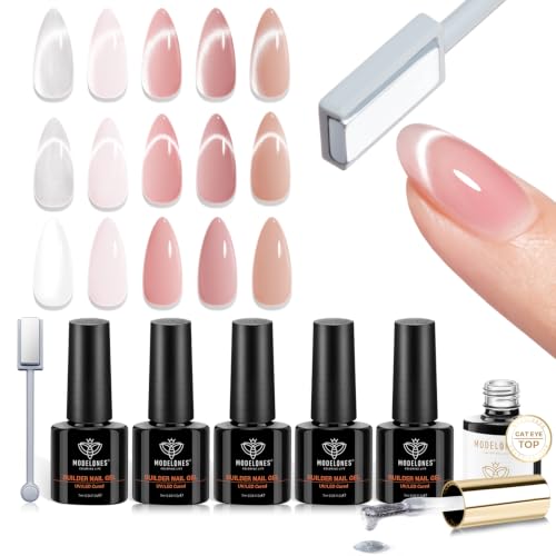 modelones 5 Colors Builder Nail Gel, Cat Eye Gel Top Coat and Magnet Set - color: Builder Nude Builder Cat Eye Top