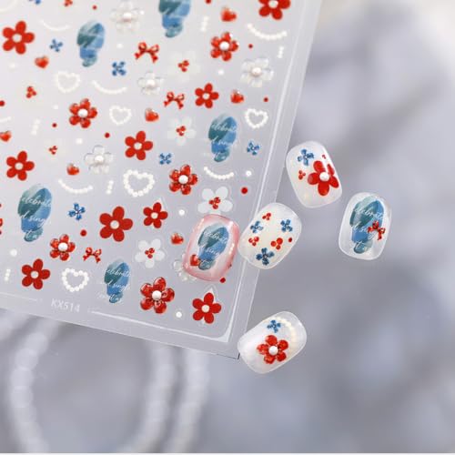 Red Flower Nail Stickers Decals Pearl Heart Design Nail Decals for Nail Art - color: Color38