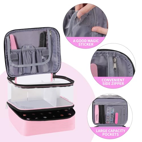 Clear Nail Polish Organizer Double layer Nail Polish Holds 30 Bottles and Nail Lamp, Nail Dryer Case Storage Supplies with Adjustable Dividers, Portable Nail Carrying Bag for Nail Tech (Pink) - color: 4.Pink, size: 1 Count (Pack of 1)